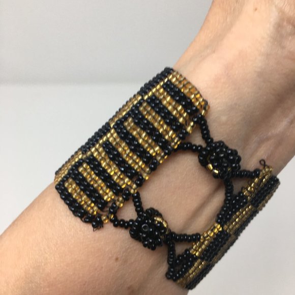 Art Deco Inspired Gold Black Wide Loom Woven Seed Bead Cuff Bracelet - Picture 5 of 16